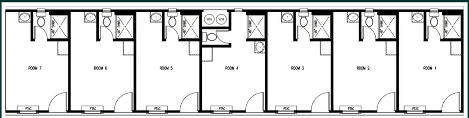 Floor plan of a 16×76 high-density sleeper with seven rooms, each with a bath and PTAC